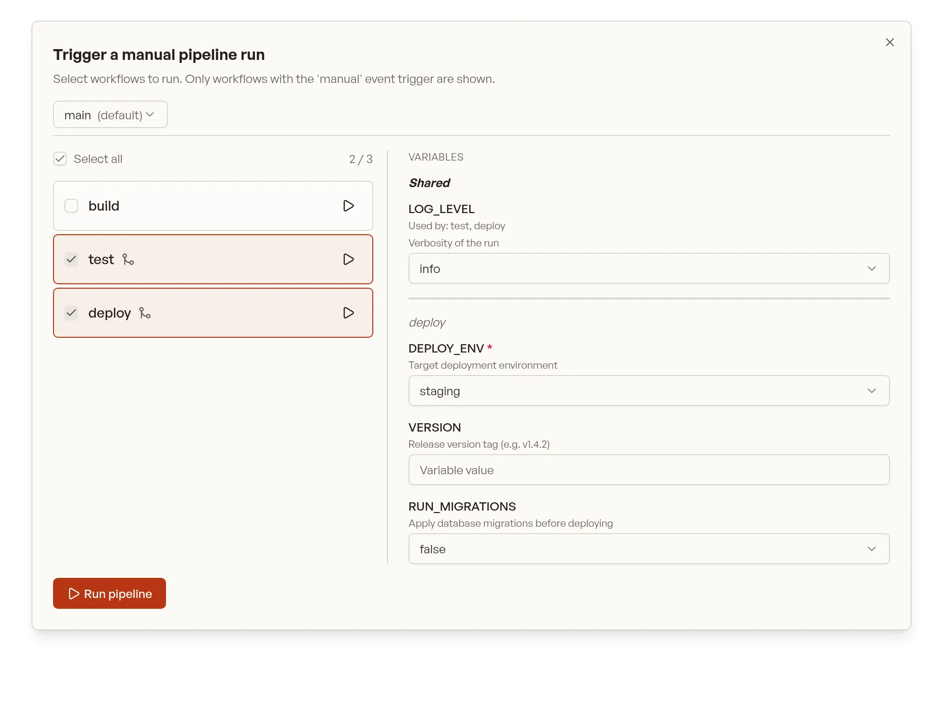 Manual pipeline variables panel showing a shared LOG_LEVEL dropdown and the deploy workflow's DEPLOY_ENV, VERSION and RUN_MIGRATIONS fields