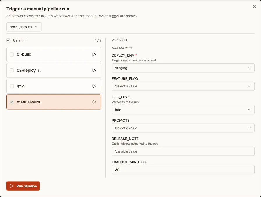 Manual pipeline variables panel