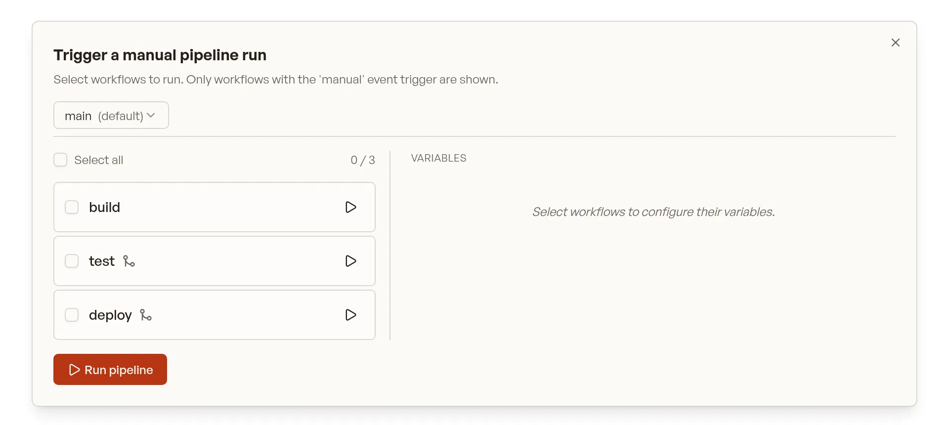 Manual pipeline trigger dialog listing the build, test and deploy workflows